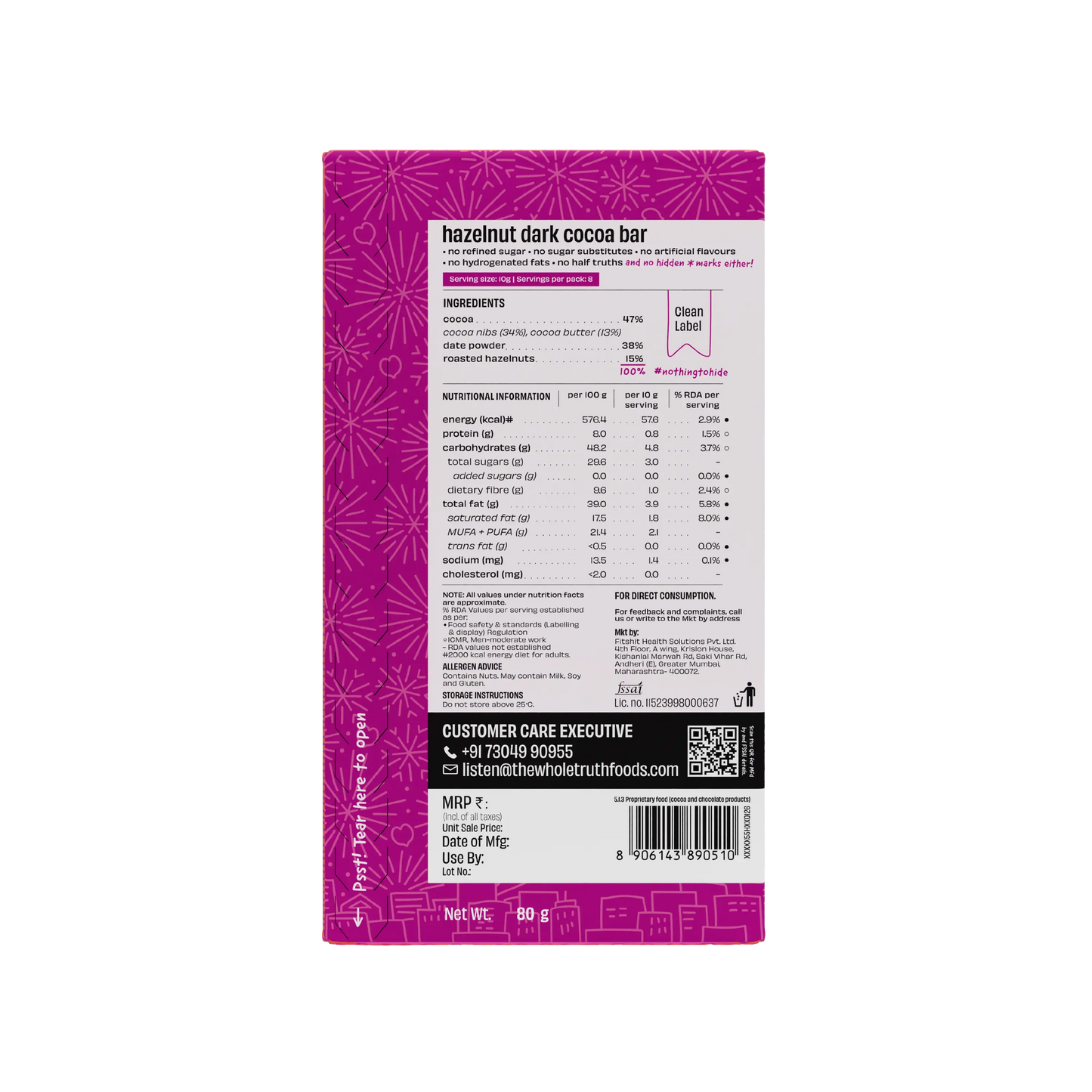 Hazelnut Dark Cocoa Bar Sweetened with Dates | Pack of 1 | The Whole Truth