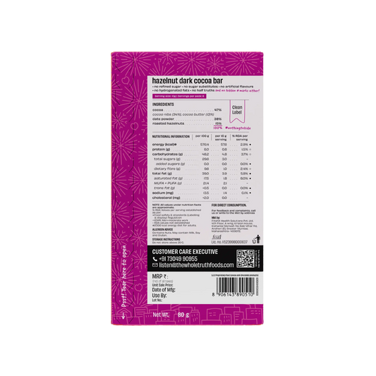 Hazelnut Dark Cocoa Bar Sweetened with Dates | Pack of 1 | The Whole Truth