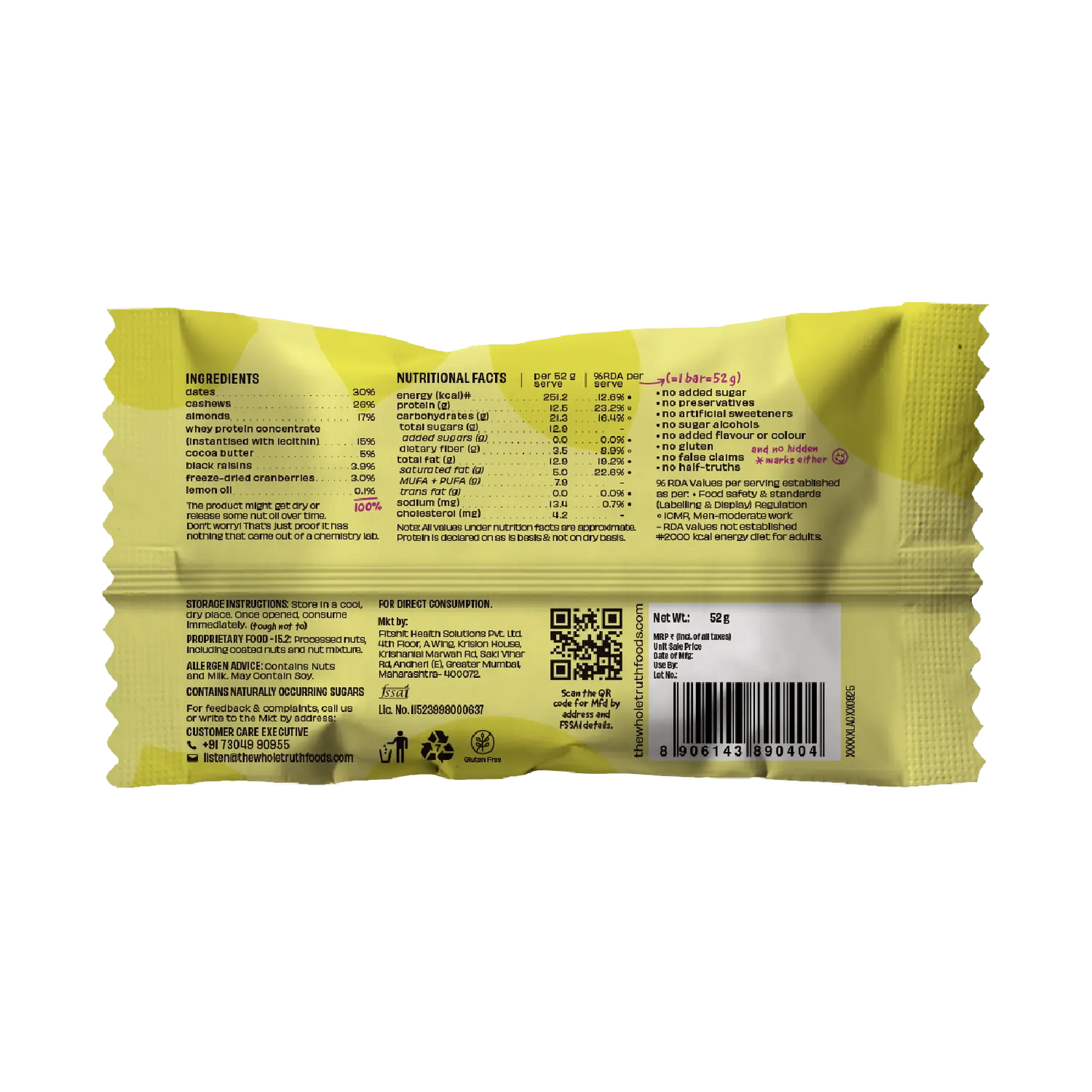 Lemon Cranberry Protein Bar | Pack of 1 | The Whole Truth