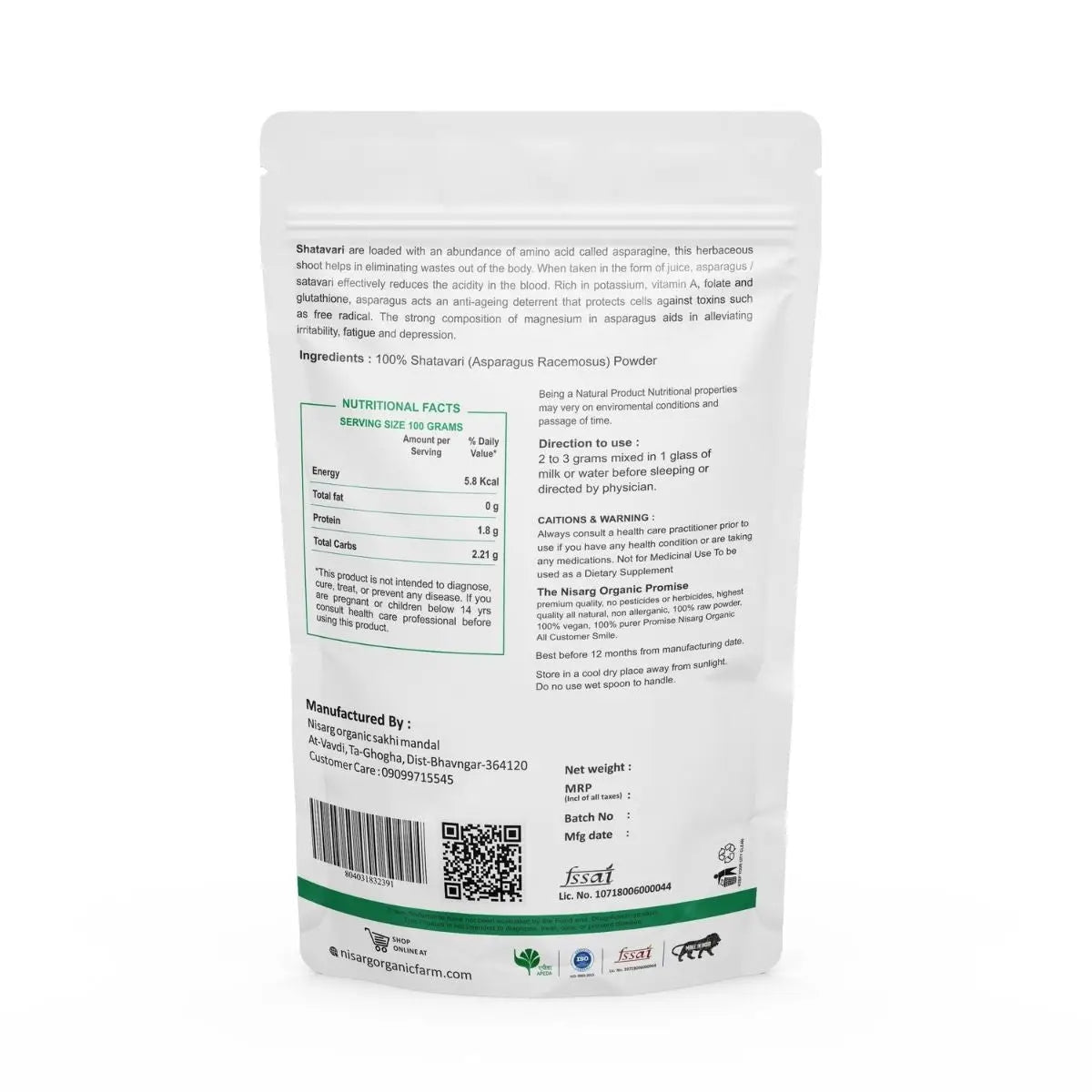 Organic Shatavari Powder | Asparagus powder 100g | Nisarg Organic Farm