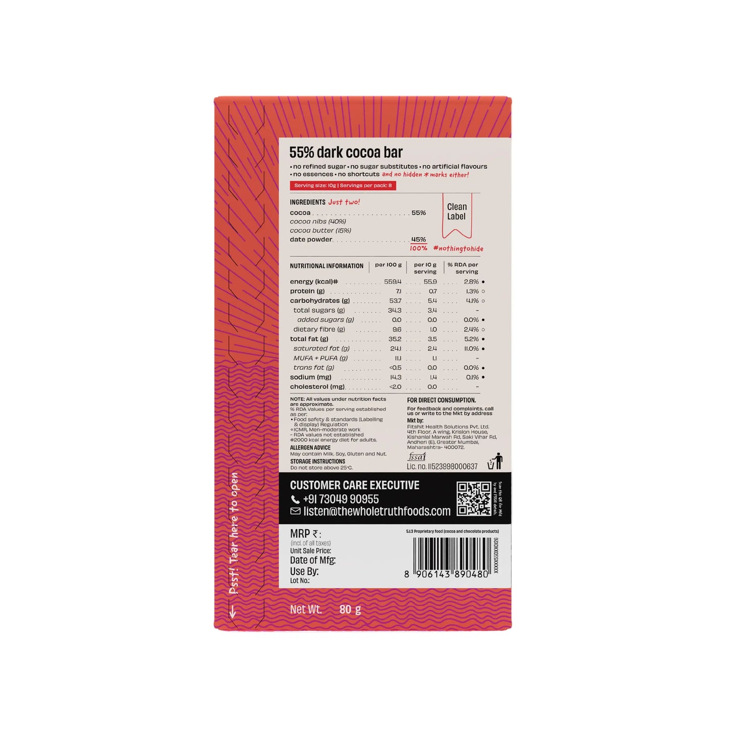 55% Dark Chocolate Sweetened with Dates |- Pack of 1 | The Whole Truth