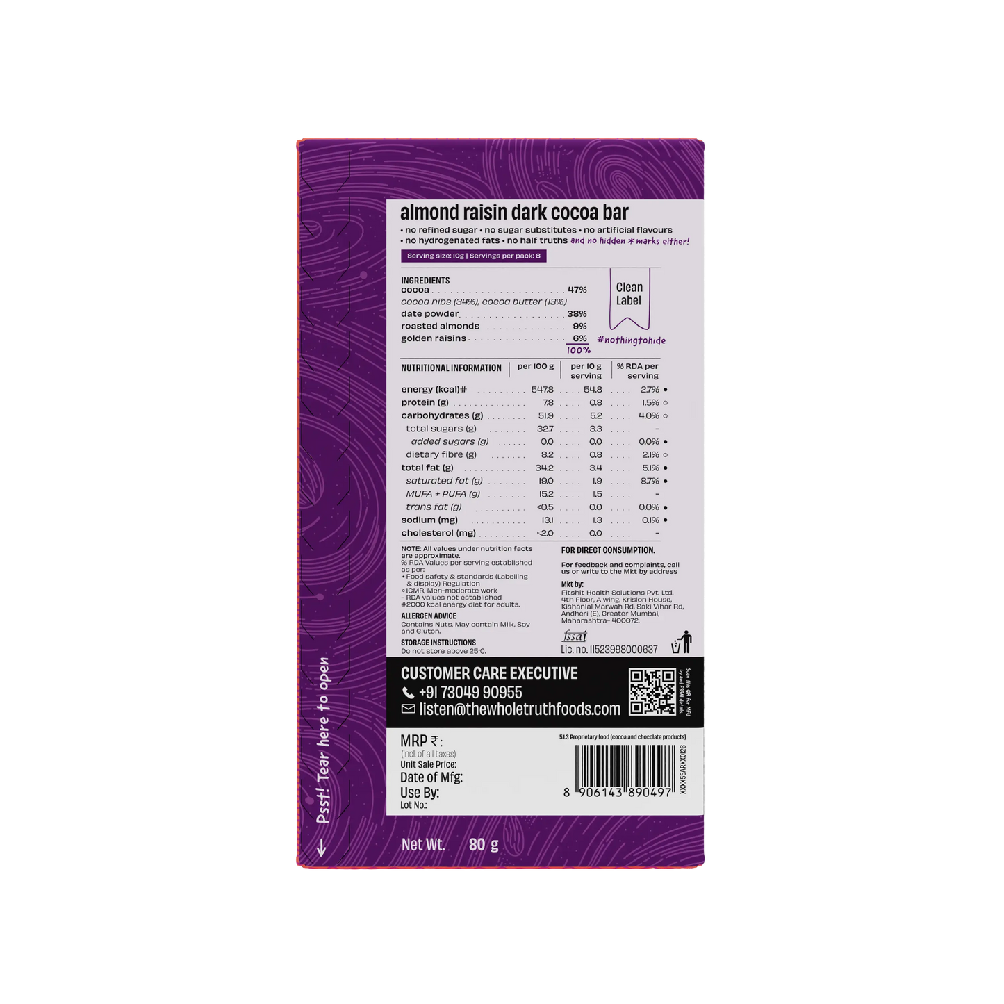 Almond Raisin Dark Chocolate Sweetened with Dates | Pack of 1 | The Whole Truth