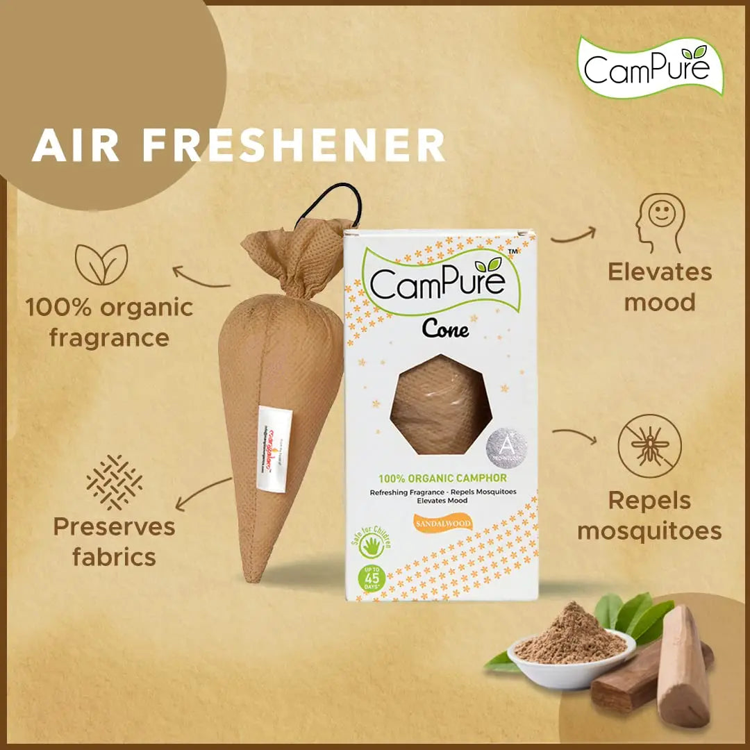 Mangalam CamPure Camphor Cone (Sandalwood) Pack Of 2 - Room Car and Air Freshener & Mosquito Repellent - Home Care