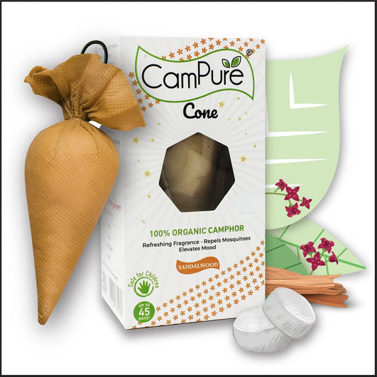 Mangalam CamPure Camphor Cone (Sandalwood) Pack Of 2 - Room Car and Air Freshener & Mosquito Repellent - Home Care