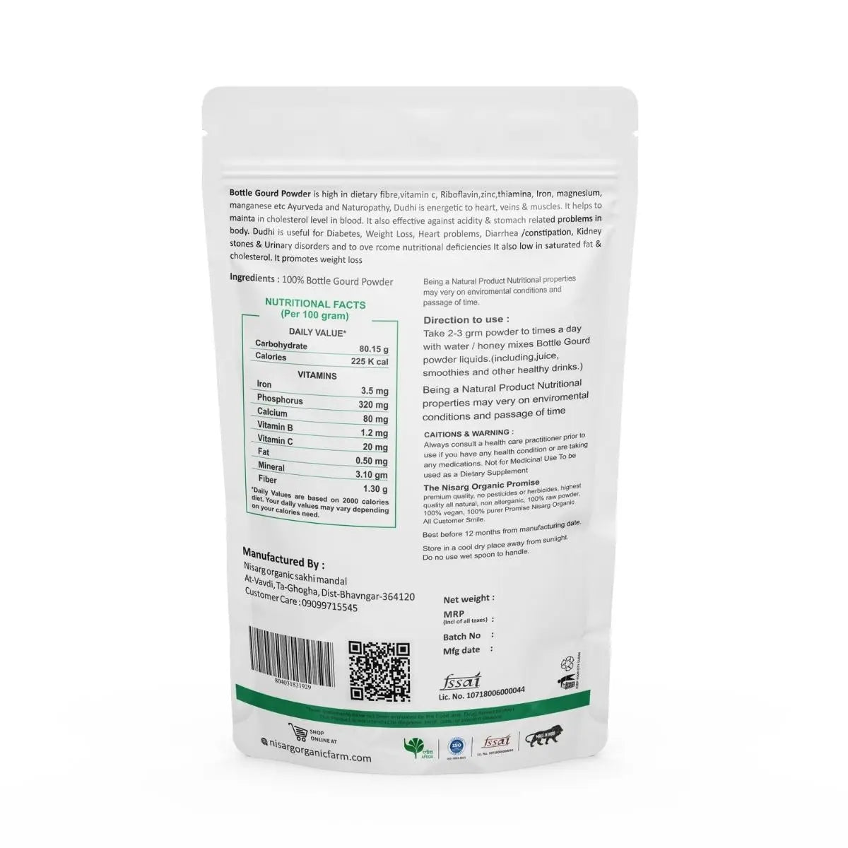 Organic Bottle Gourd Powder | For Healthy Hair 100g | Nisarg Organic Farm