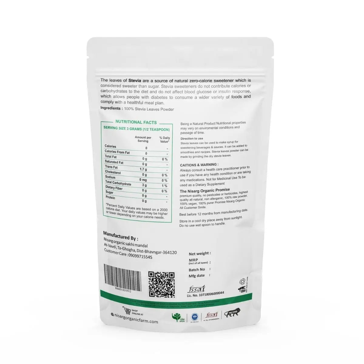 Organic Stevia Leaf Powder | Dried Stevia Leaves Powder 100g | Nisarg Organic Farm